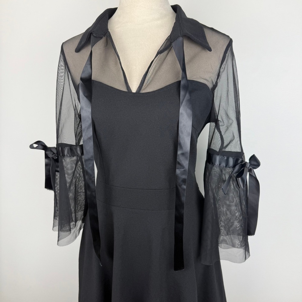 Black Mesh Sheer Bell Sleeve Gothic Dress Satin Ribbon Tie Bows Mini Size Large - Picture 2 of 10